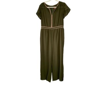 ModCloth army green chiffon jumpsuit with peach trim and flutter sleeves. Size L